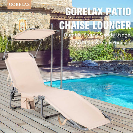 Foldable Chaise Lounge Chair With Sunshade, Side Pocket