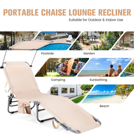 Foldable Chaise Lounge Chair With Sunshade, Side Pocket