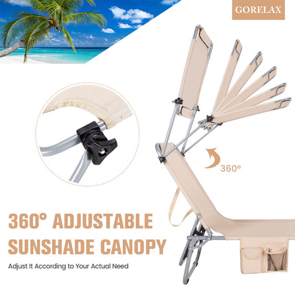 Foldable Chaise Lounge Chair With Sunshade, Side Pocket