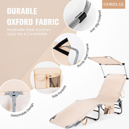 Foldable Chaise Lounge Chair With Sunshade, Side Pocket