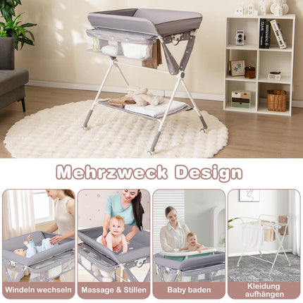 Foldable Changing Table with Adjustable Height & Wheels, Gray