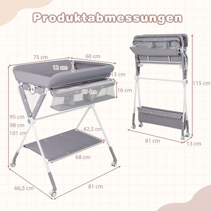 Foldable Changing Table with Adjustable Height & Wheels, Gray