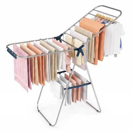 Foldable Clothes Drying Rack with Sock Clips and Wings, Stainless Steel, Blue