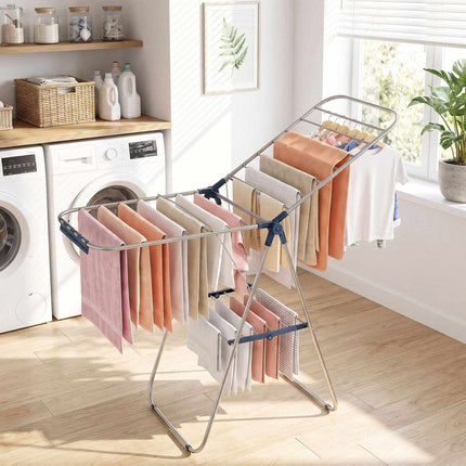 Foldable Clothes Drying Rack with Sock Clips and Wings, Stainless Steel, Blue