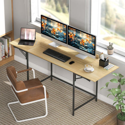 Foldable Computer Desk with 2 Extendable Panels, Oak/Black