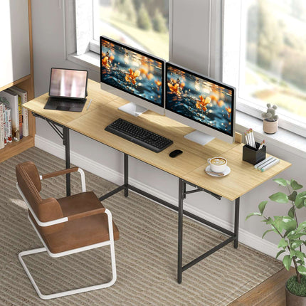 Foldable Computer Desk with 2 Extendable Panels, Oak/Black
