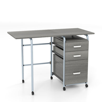 Foldable Computer Desk with 3 Drawers & Wheels, Grey