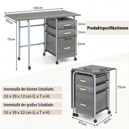 Foldable Computer Desk with 3 Drawers & Wheels, Grey