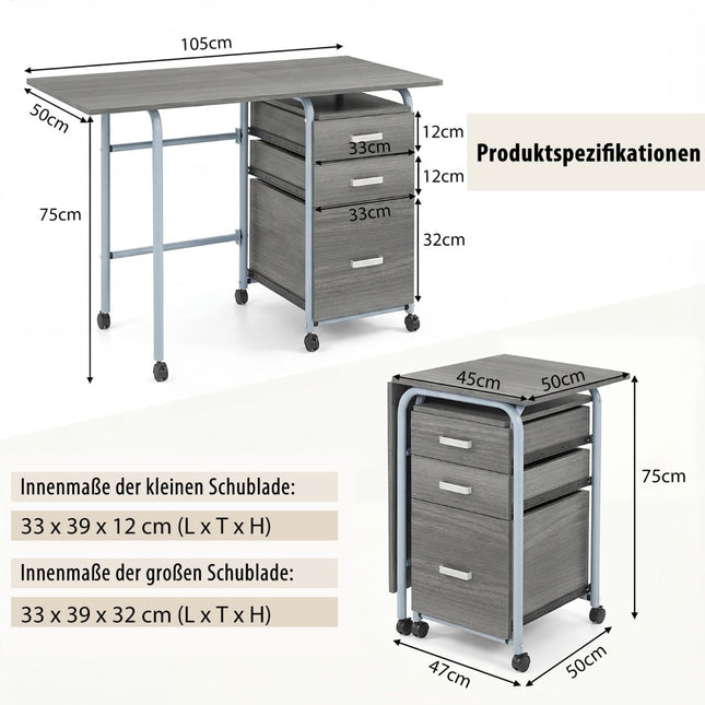 Foldable Computer Desk with 3 Drawers & Wheels, Grey
