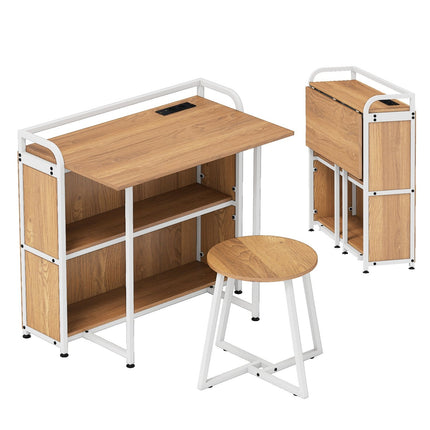 Foldable Desk with Power Outlet, Stool & Shelves, 90x55x83 cm