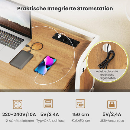 Foldable Desk with Power Outlet, Stool & Shelves, 90x55x83 cm