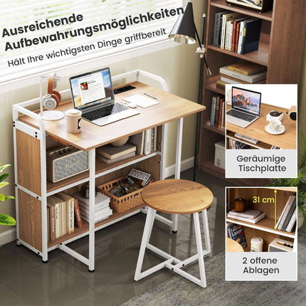 Foldable Desk with Power Outlet, Stool & Shelves, 90x55x83 cm