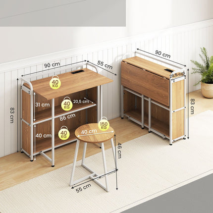 Foldable Desk with Power Outlet, Stool & Shelves, 90x55x83 cm