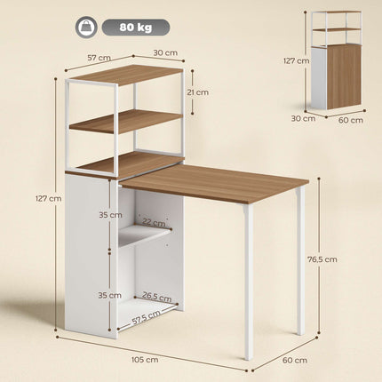 Foldable Desk with Shelves, 105x60x127 cm, Natural Wood