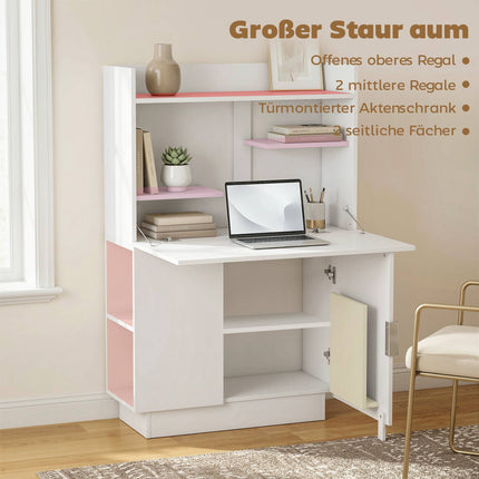 Foldable Desk with Shelves and Cabinet, 128 cm, White