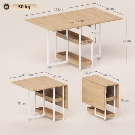 Foldable Dining Table, Industrial Design, Seats 4, Natural Wood Finish