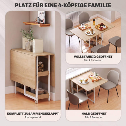Foldable Dining Table, Industrial Design, Seats 4, Natural Wood Finish