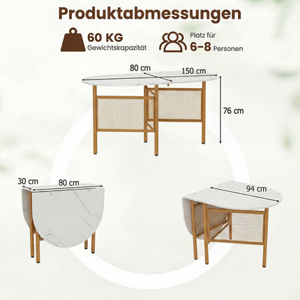Foldable Dining Table for 6-8, Space-Saving, White/Gold