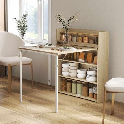 Foldable Dining Table with Shelf, Industrial Design, Oak, Space-Saving