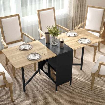 Foldable Dining Table with Shelves, Dark Wood & Black