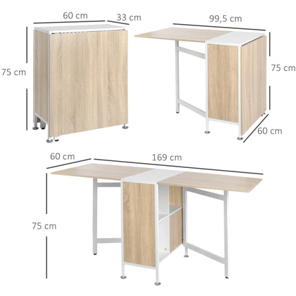 Foldable Dining Table with Shelves, Oak & White, 169x60x75 cm