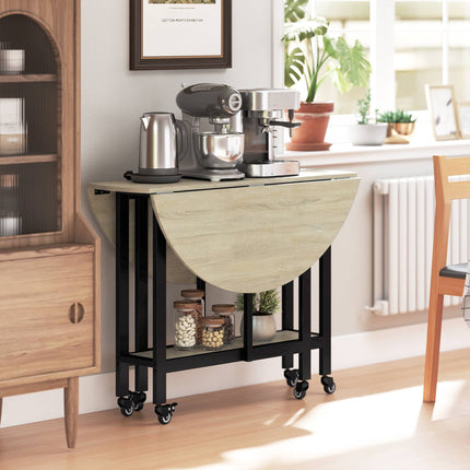 Foldable Dining Table with Wheels, Natural Wood, Space-Saving