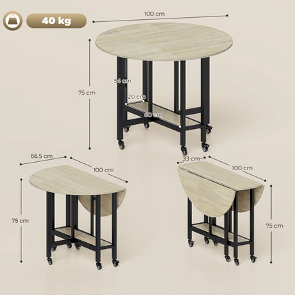 Foldable Dining Table with Wheels, Natural Wood, Space-Saving
