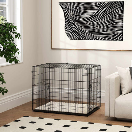 Foldable Dog Crate with 2 Doors, Tray, Cushion, Black