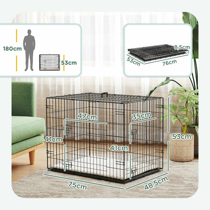 Foldable Dog Crate with 2 Doors, Tray, Cushion, Black