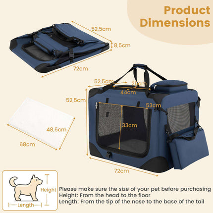 Foldable Dog Crate with 3 Doors and Carrying Handles, 72 x 52.5 x 52.5 cm, Blue