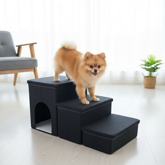 Foldable Dog Stairs, 3 Steps with Storage and Non-Slip Base