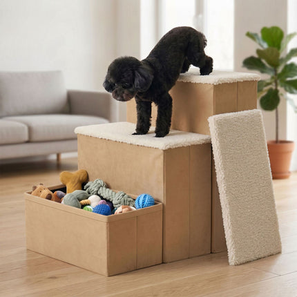 Foldable Dog Steps with Storage, Beige, Medium