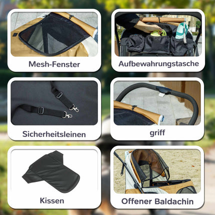 Foldable Dog Stroller for Large Dogs, 4 Wheels, Safety Leash, Brown