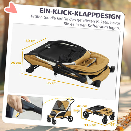 Foldable Dog Stroller for Large Dogs, 4 Wheels, Safety Leash, Brown