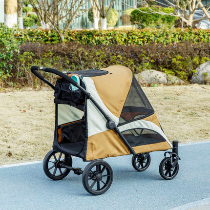 Foldable Dog Stroller for Large Dogs, 4 Wheels, Safety Leash, Brown