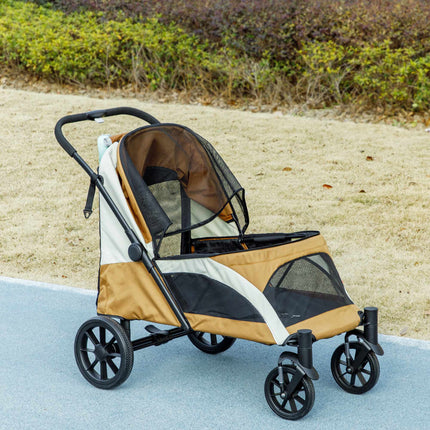 Foldable Dog Stroller for Large Dogs, 4 Wheels, Safety Leash, Brown