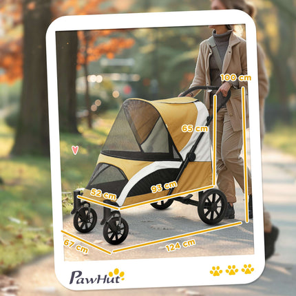 Foldable Dog Stroller for Large Dogs, 4 Wheels, Safety Leash, Brown