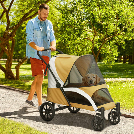 Foldable Dog Stroller for Large Dogs, 4 Wheels, Safety Leash, Brown