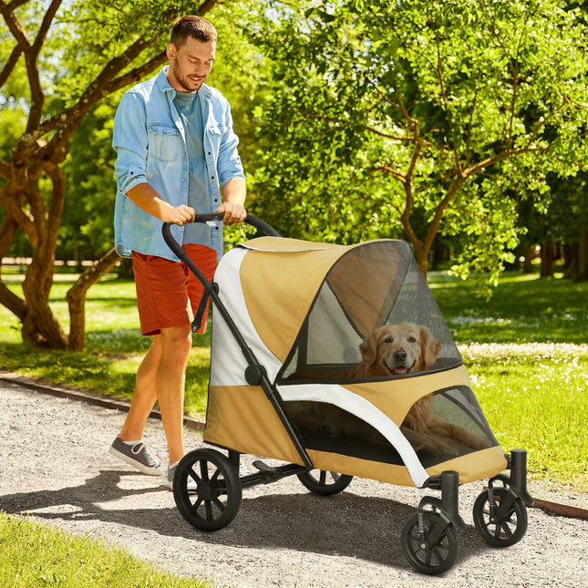 Foldable Dog Stroller for Large Dogs, 4 Wheels, Safety Leash, Brown