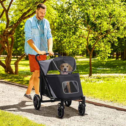 Foldable Dog Stroller with Adjustable Canopy, Grey, 30kg Capacity