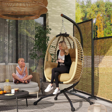 Foldable Egg-Shaped Hanging Chair with Stand, Beige