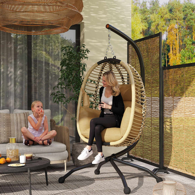 Foldable Egg-Shaped Hanging Chair with Stand, Beige