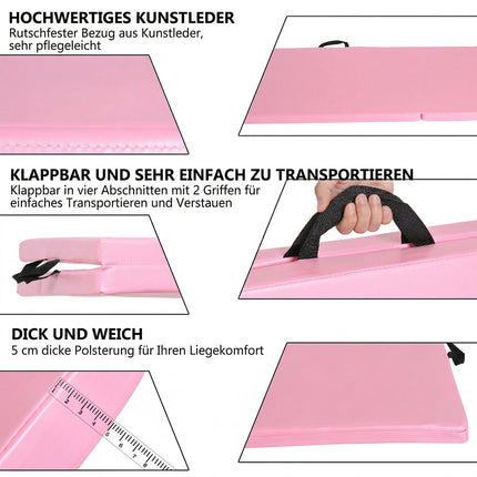 Foldable Fitness Mat with Handles, 180x60x5 cm, Pink