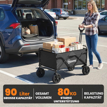 Foldable Garden Wagon with Adjustable Handle, Black, 80kg Capacity