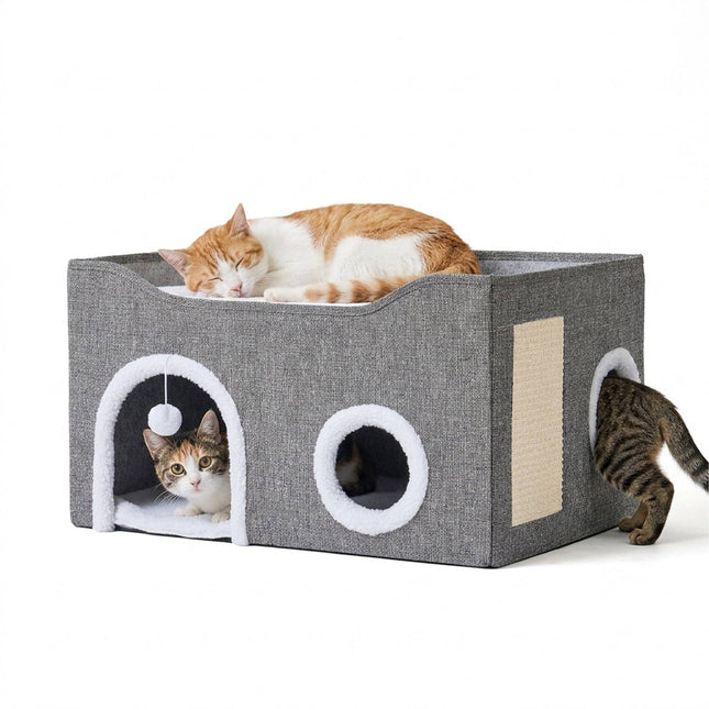 Foldable Grey Cat Cave with Scratch Pad and Cushions
