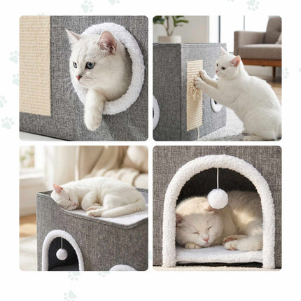 Foldable Grey Cat Cave with Scratch Pad and Cushions