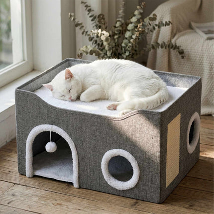 Foldable Grey Cat Cave with Scratch Pad and Cushions