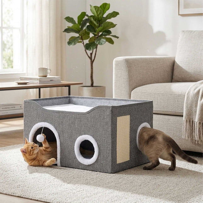 Foldable Grey Cat Cave with Scratch Pad and Cushions