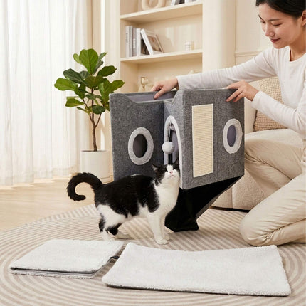 Foldable Grey Cat Cave with Scratch Pad and Cushions