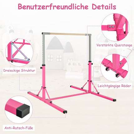 Foldable Gymnastics Bar for Kids, Adjustable Height, Pink